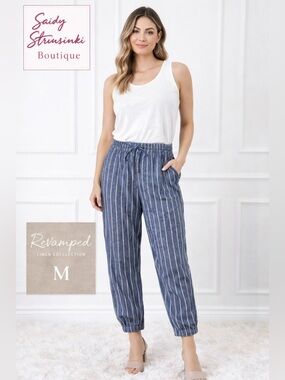 Revamped Linen Collection Blue Pinstripe Jogger Pants Size M Elastic Waist
